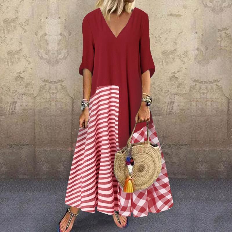 ZANZEA Stylish Striped Dress Womens Patchwork Sundress Summer Half Sleeve Vestidos Female V Neck Printed Casual Robe