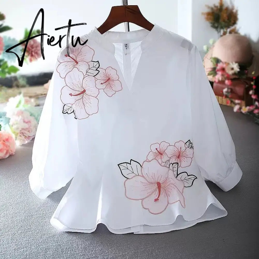 Aiertu Tunic White Shirt Women Chiffon Flower Embroidery Blouse V neck  Office Ladies Tops Casual High quality Summer Puff sleeve Aiertu