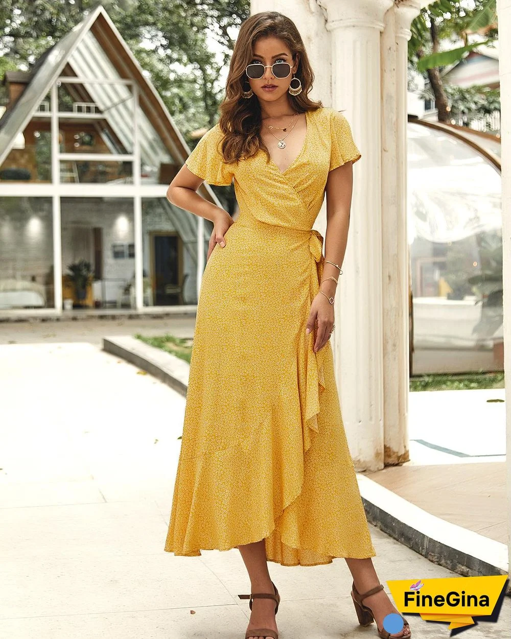 Summer Wrap Dress Beach Floral Print Bohemian Chiffon A Line Vintage Polka Dot Waist Tied Maxi Casual Dress Women0414