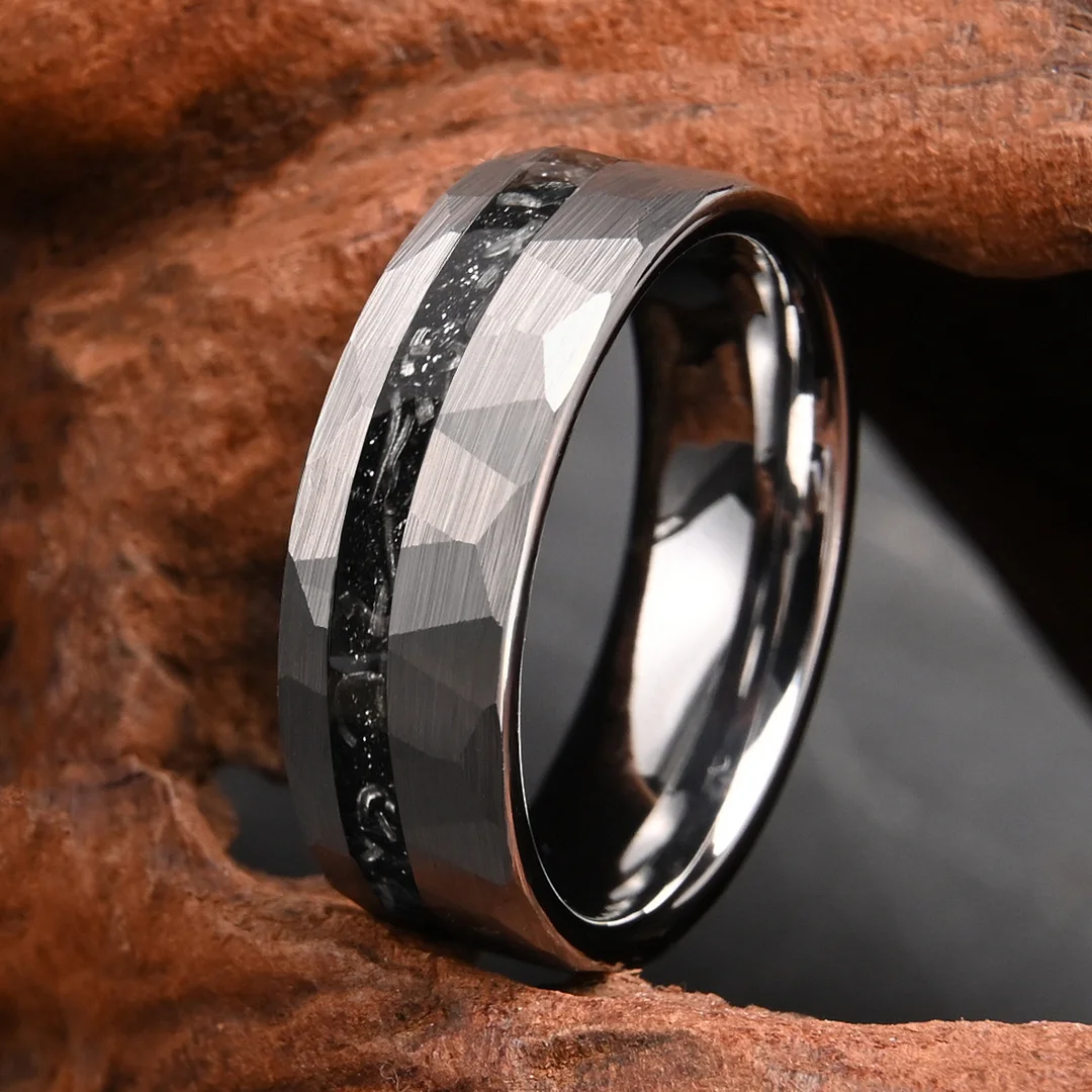 8MM Flat Hammered Tungsten Carbide Rings Sliver Fragments of Meteorite Tungsten Wedding Bands