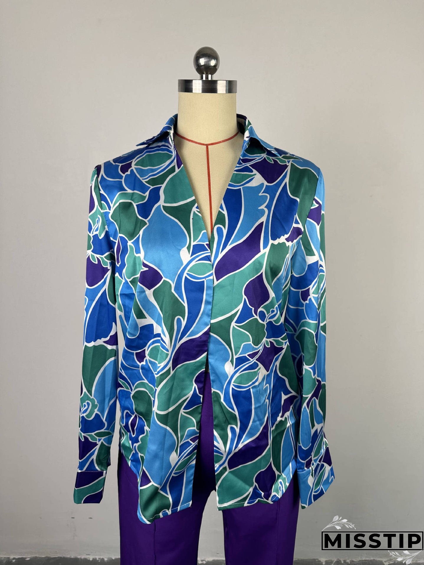 Women Chic printed long-sleeved shirt and wide-leg trousers Casual two-piece set