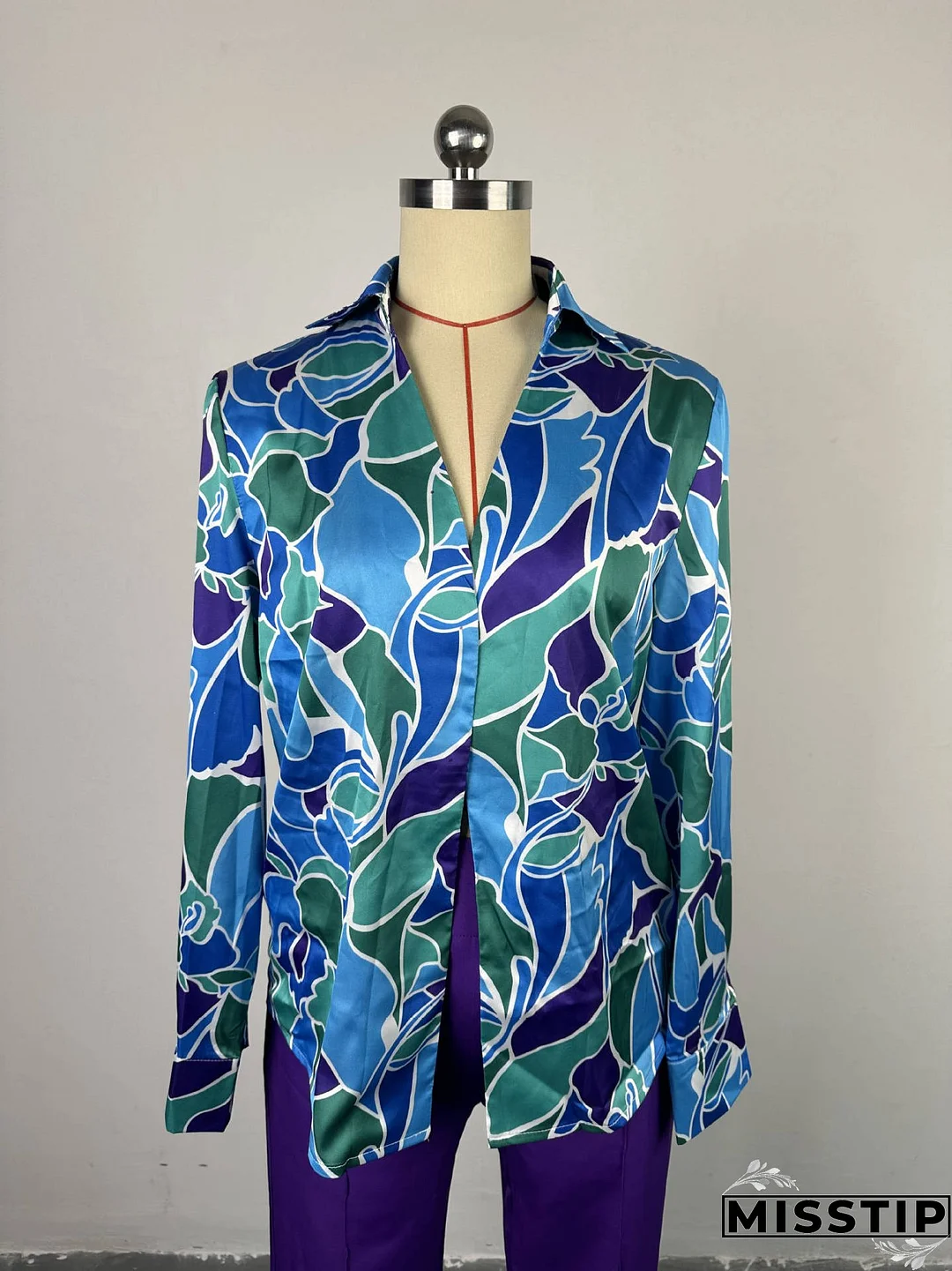 Women Chic printed long-sleeved shirt and wide-leg trousers Casual two-piece set