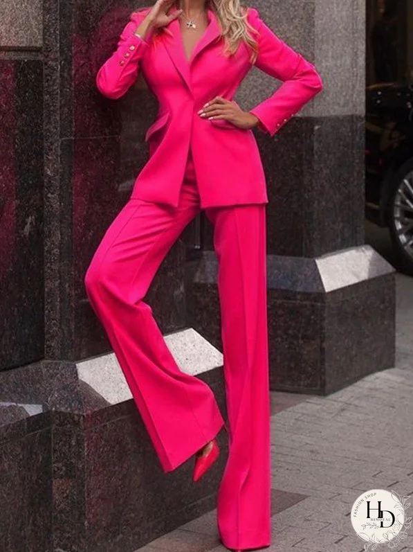 Solid Lapel Blazer & Pants Two-Piece Set