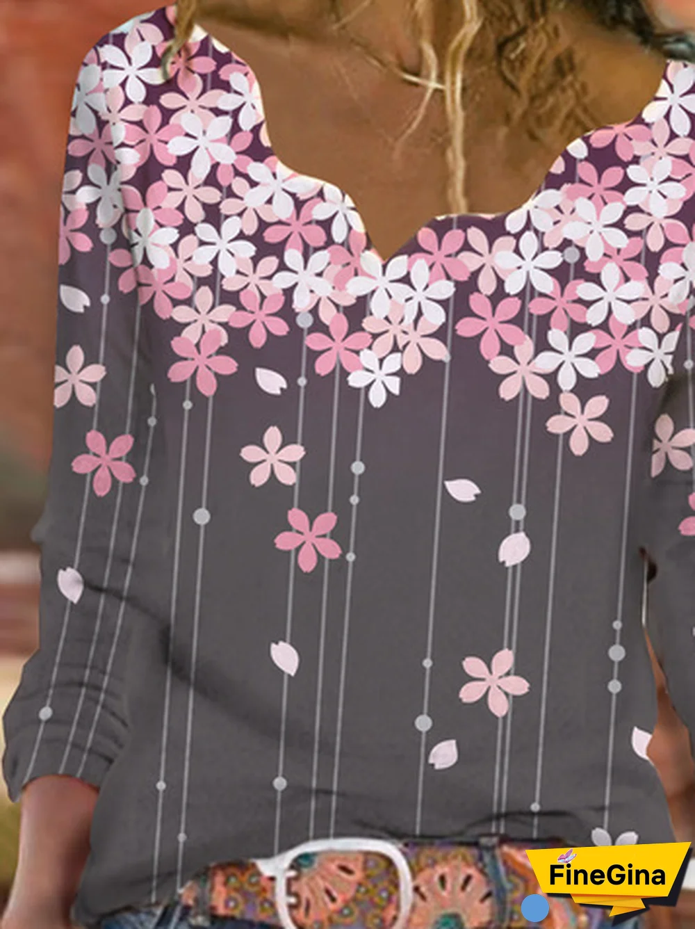 Women Casual Floral Autumn Loose Jersey Long sleeve Regular Regular Medium Elasticity T-shirt