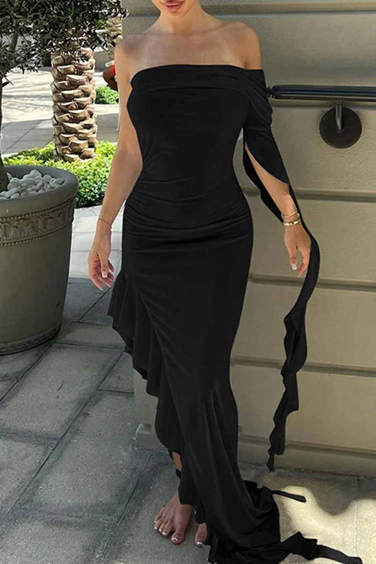 Black Sexy Solid Patchwork Flounce Asymmetrical Off the Shoulder Irregular Dress Dresses
