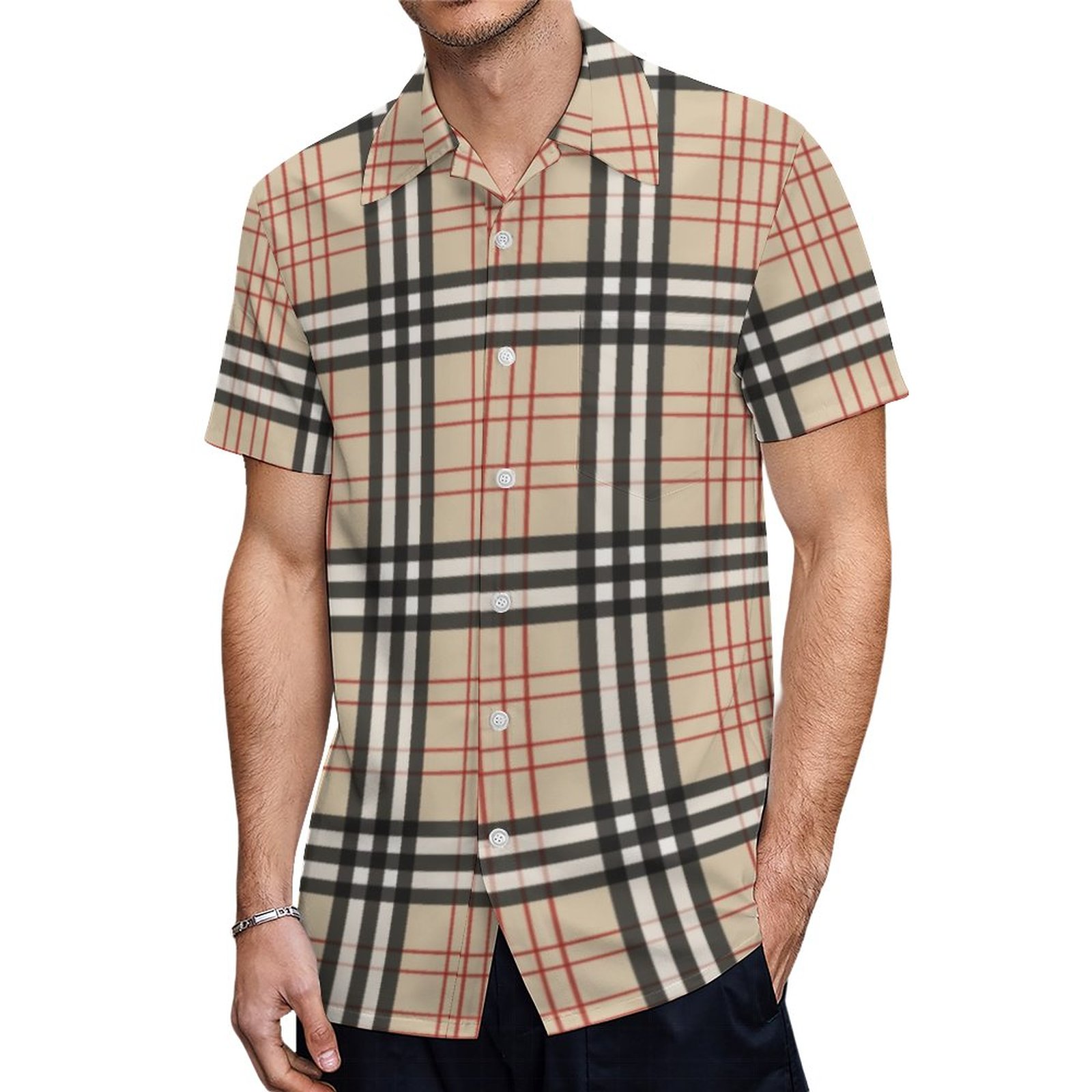 Beige Plaid Tartan Checkered Pattern Hawaiian Shirt Mens Button Down Plus Size Tropical Hawaii Beach Shirts