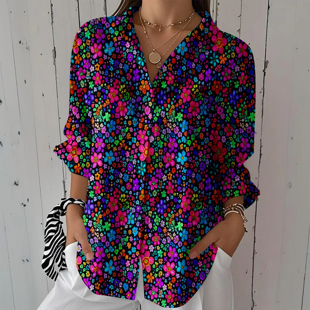 Style & Comfort for Mature Women Women Color, Flowers, Purple DZCL0460 3/4 Sleeve Shirt Collar Printed Button Tops