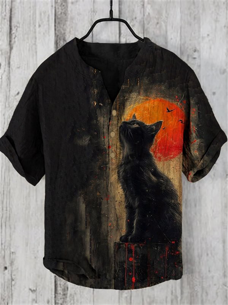 Comstylish Red Sun Cat Japanese Art Linen Blend Cozy Shirt
