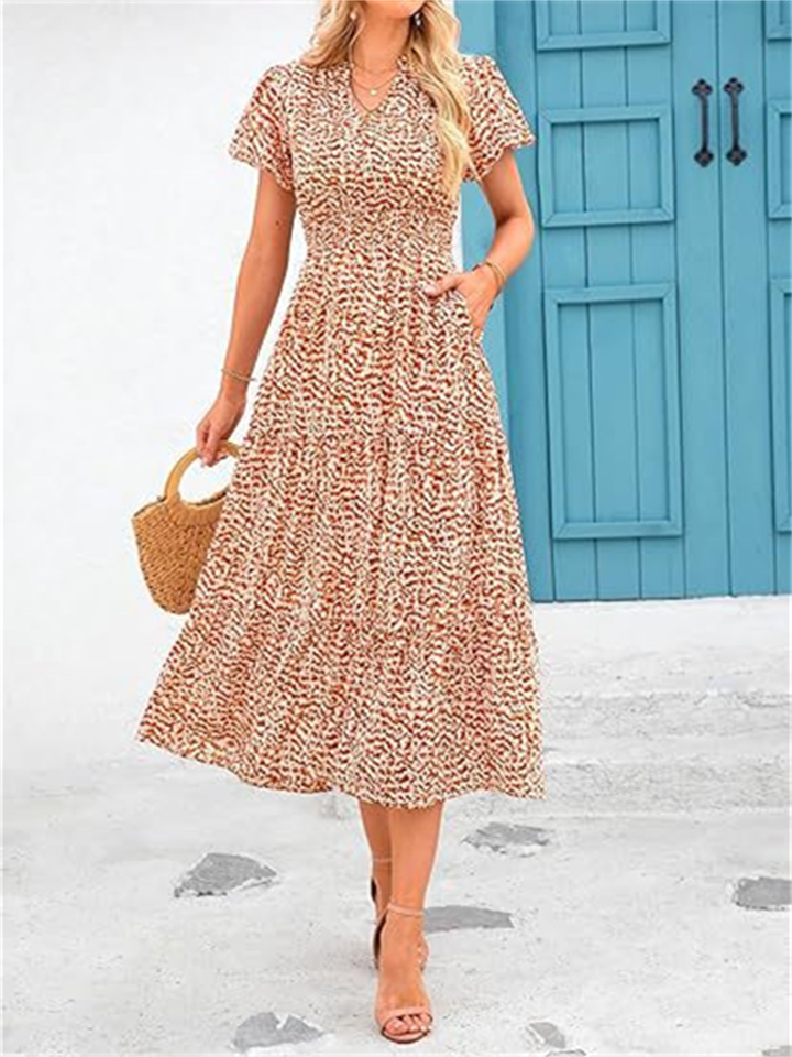Women's V-neck Bubble Pleated Printed Dress Short-sleeved Floral A-line Skirt