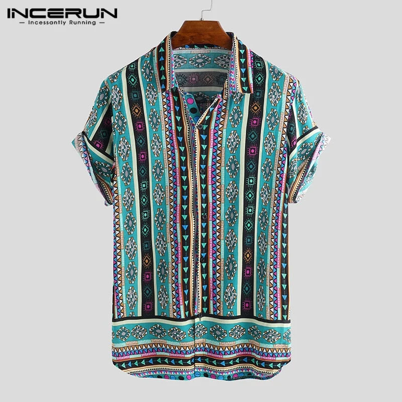 INCERUN Ethnic Style Print Men Casual Shirt Lapel Neck Streetwear Short Sleeve Tops 2021 Loose Tropical Hawaiian Shirt Men S-5XL