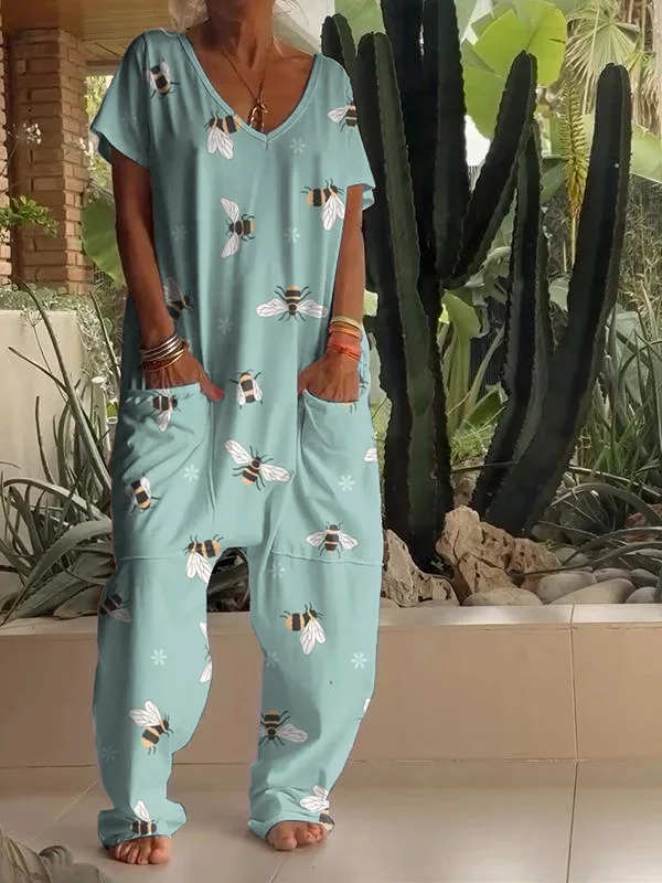 Casual Farm Bee Print V Neck Jumpsuit