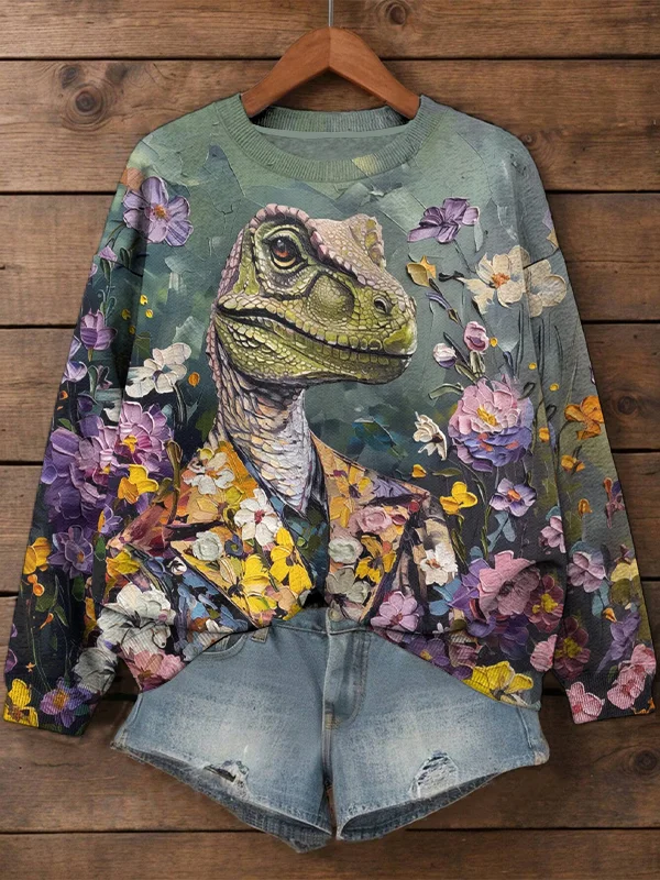 Women's Dinosaur in a Suit Oil Painting Print Cozy Sweatshirt
