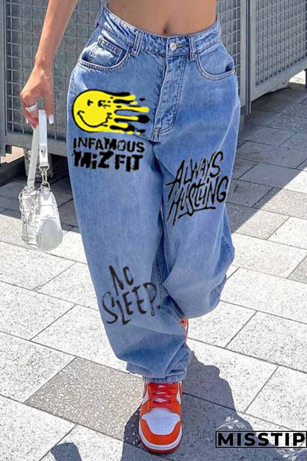 Black Fashion Casual Print Basic High Waist Regular Denim Jeans