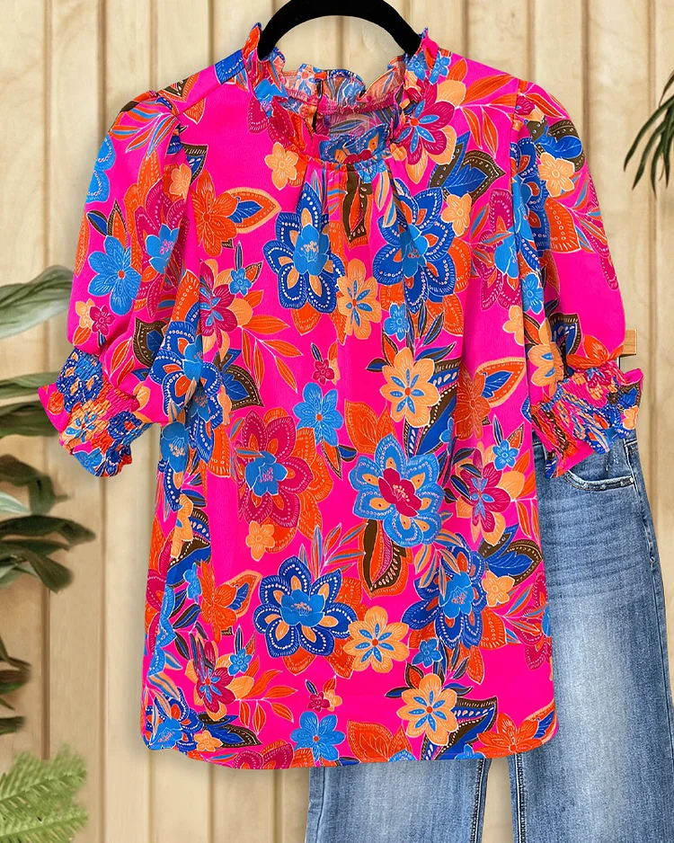 Floral Print Ruffled Collar Pastoral T-Shirt