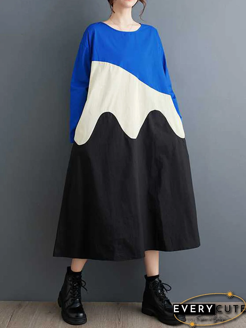 A-Line Long Sleeves Contrast Color Round-Neck Midi Dresses