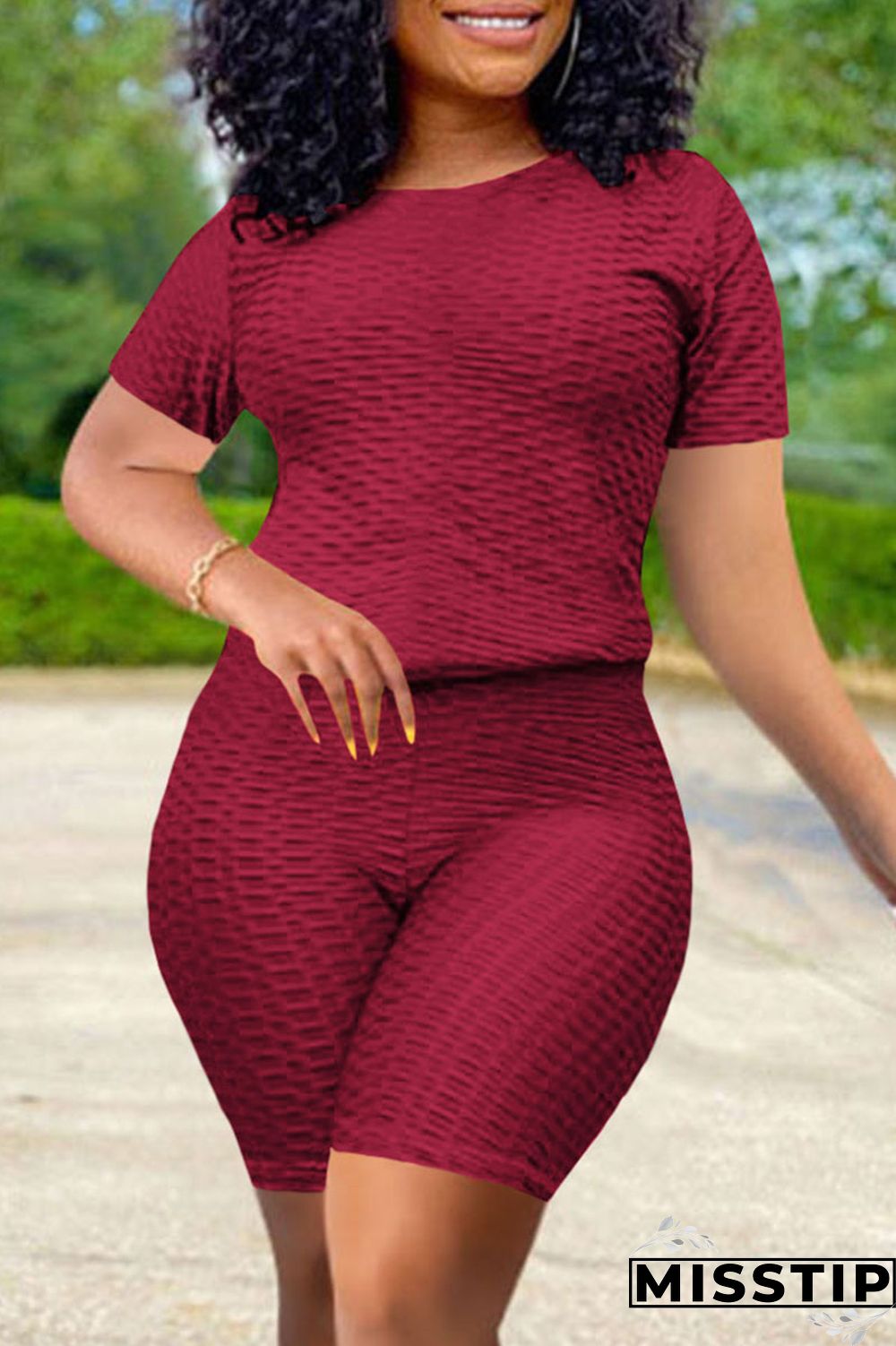 Fluorescent Red Fashion Casual Solid Basic O Neck Short Sleeve Two Pieces