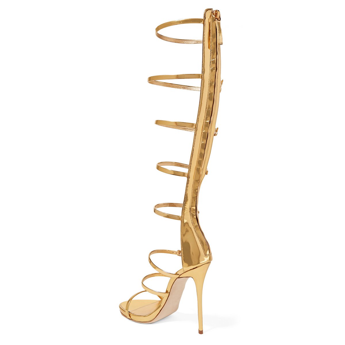 Gold Patent Leather Open Toe Stiletto Heel Knee High Strappy Sandals Nicepairs