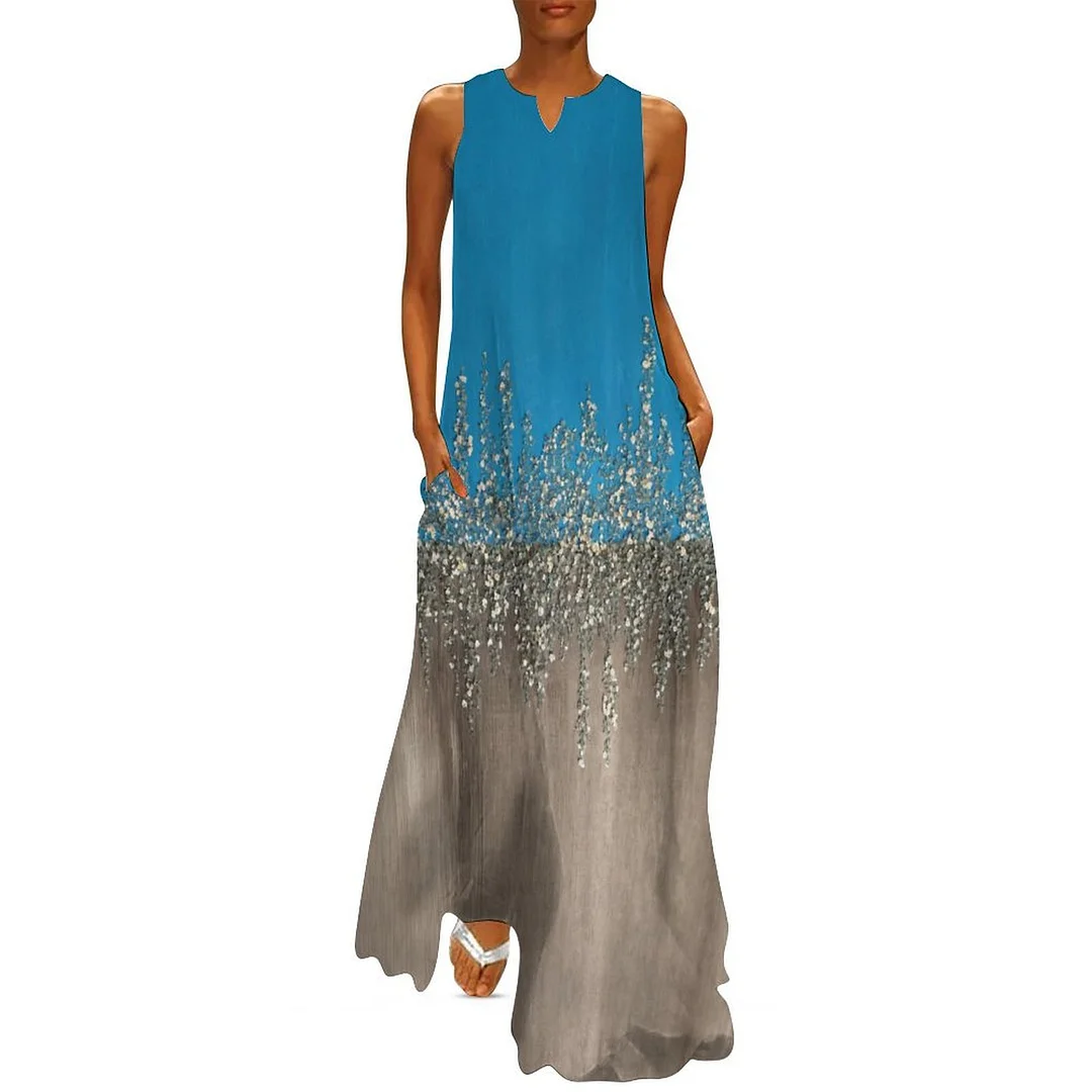 Style & Comfort for Mature Women Plus Size Printed Sleeveless Casual Women Maxi Dress with Pockets in Pattern Oil Painting, Blue, White