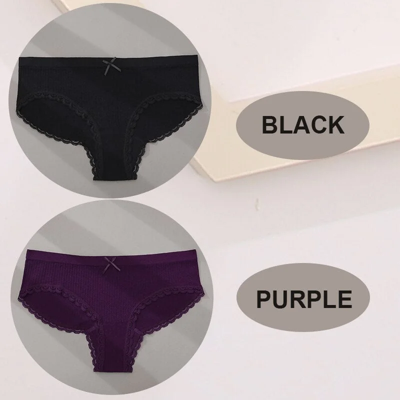 FINETOO 2PCS/Set M-2XL Women Seamless Sexy Panties Cute Bownot 6 Solid Color Girl Underwear Briefs Lingerie Underpant Lace Panty