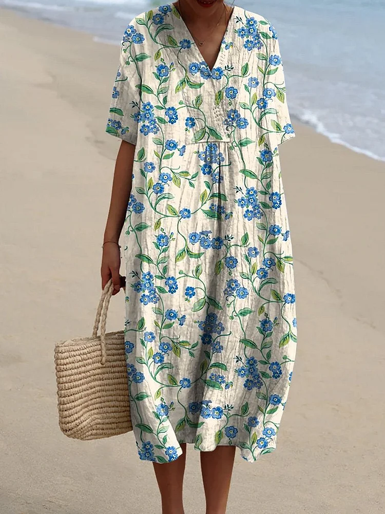 Vintage Style Small Blue Floral Pattern Printed Women's Flowy Dress