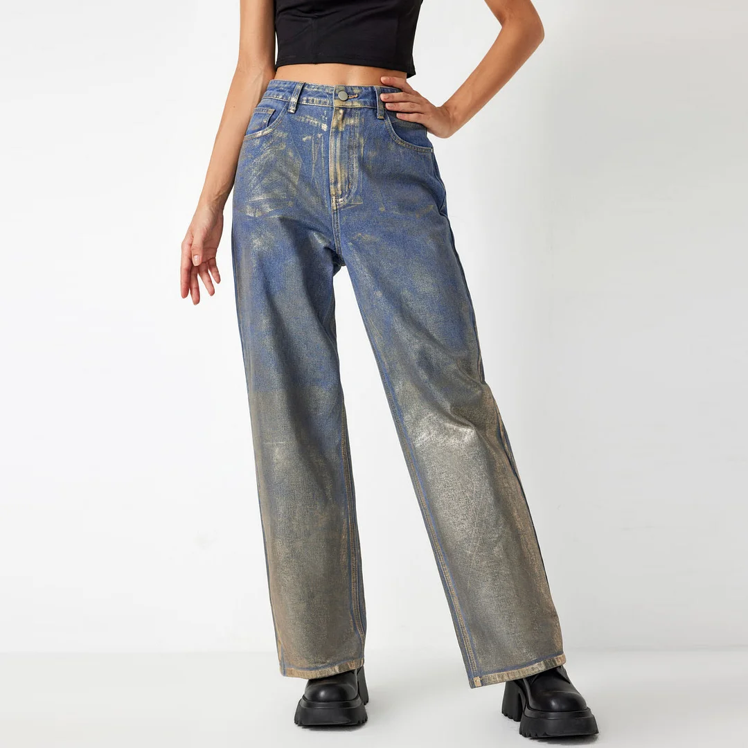 Toloer Toloer Street Fall 2024 New Waist Straight Cylinder Spray Color Gradient Women's Casual Jeans-Outfit Ideas