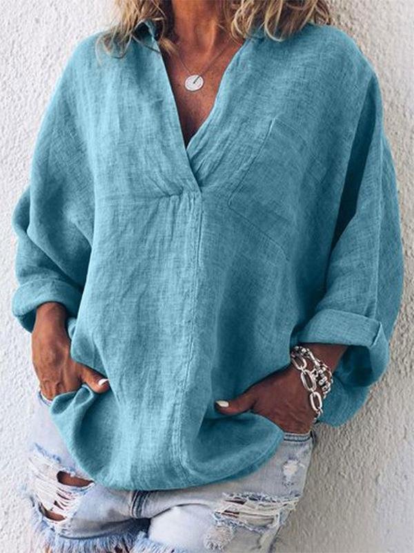 Women V Neck Thin Summer Linen Plus Size Casual Loose Tops