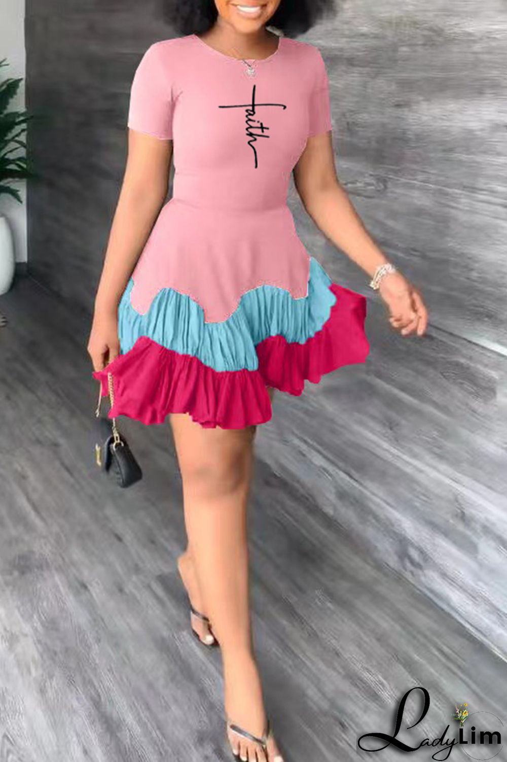 Black Fashion Print Flounce O Neck Cake Skirt Dresses