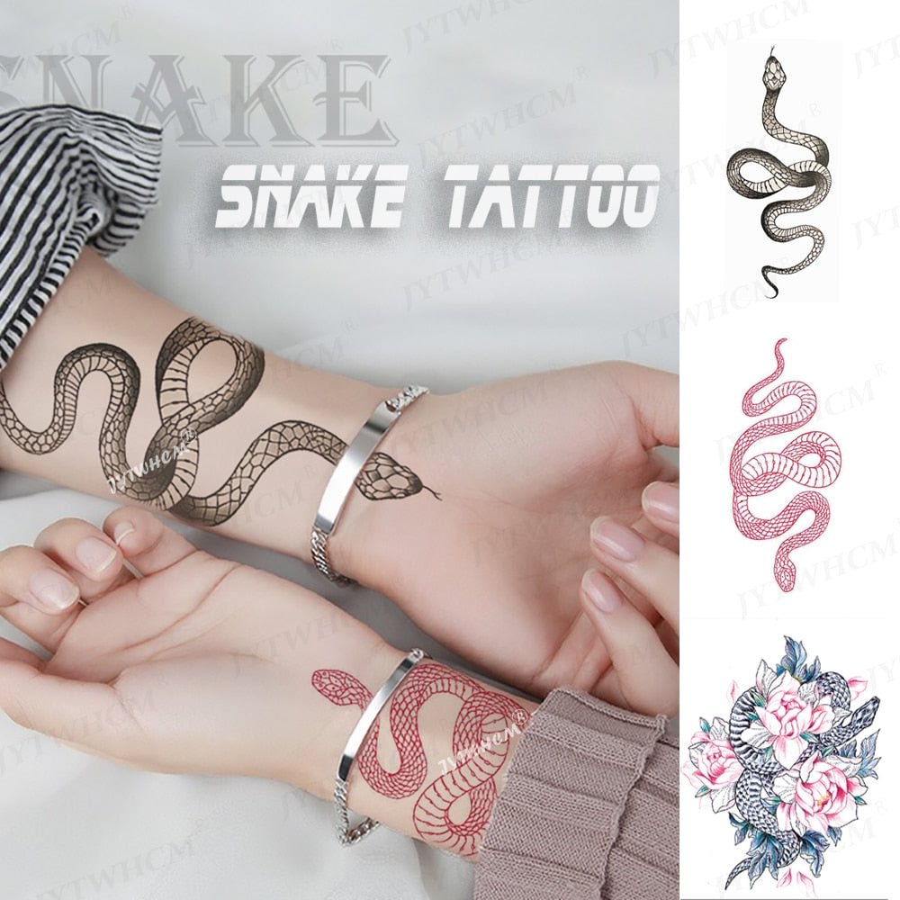 Snake Tattoo Stickers Temporary Waterproof Large Size For Women Men Girl Arm Waist Fake Tatto Dark Wine Black Snake Wolf Tattoo