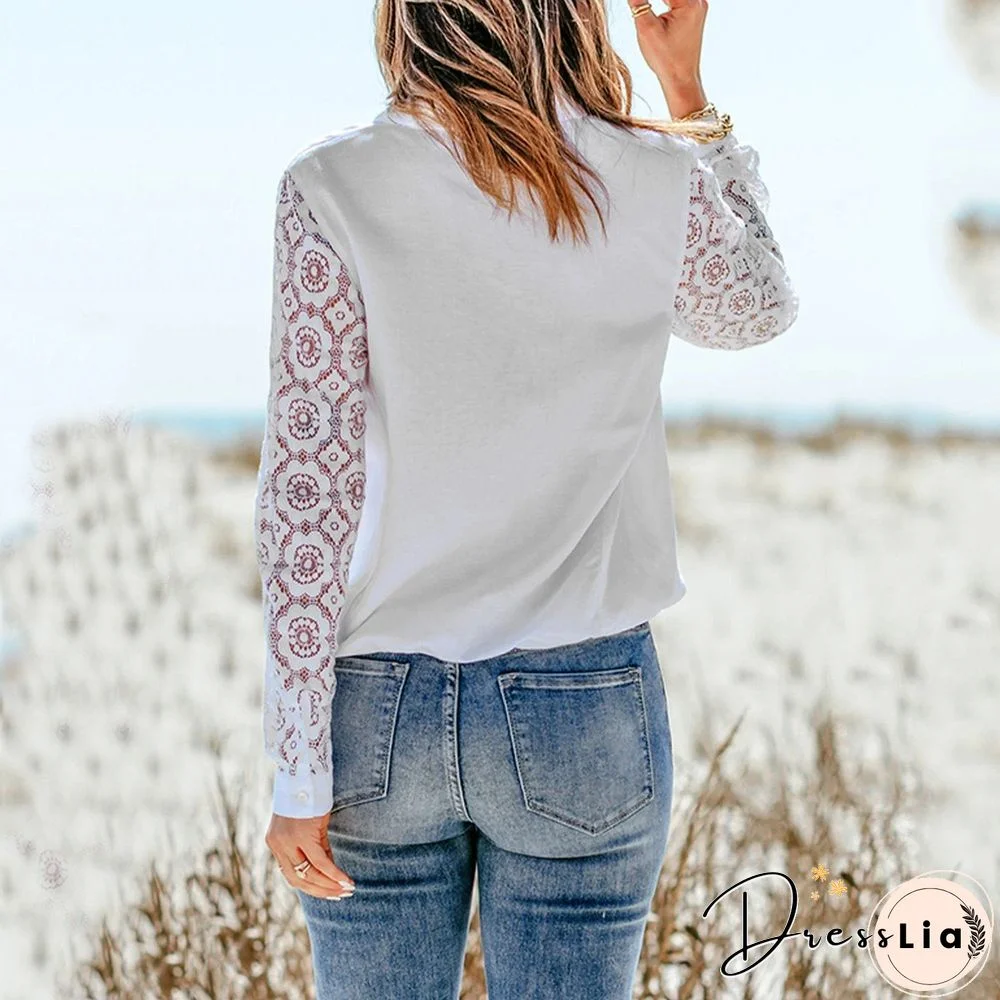 Lace Crochet Sleeve Splice Button Collared Shirt