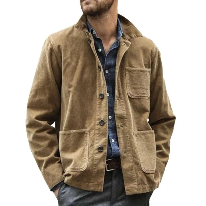 Men's Vintage Solid Color Multi Pocket Lapel Long Sleeve Workwear Jacket 32788666M