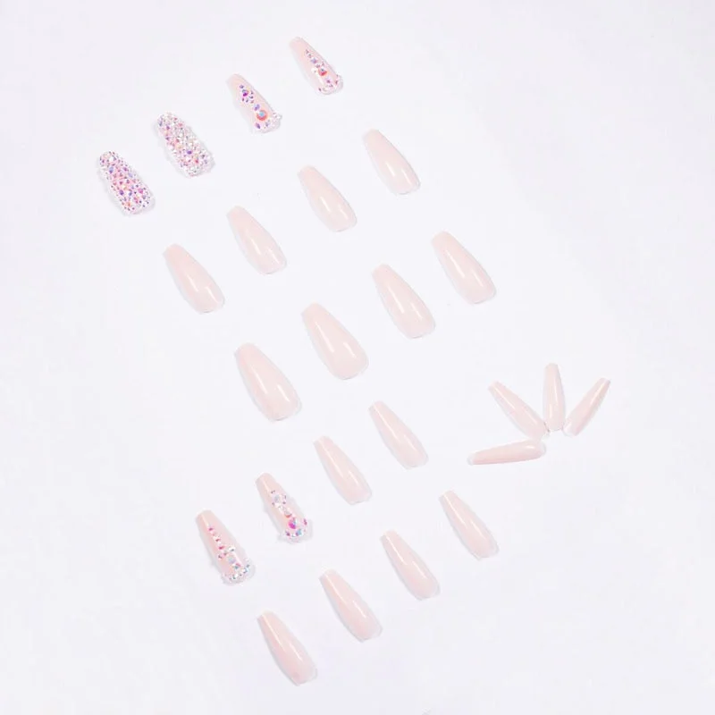 24pcs/Set Nude Pink False Nails Long Rhinestone Decal Wedding Bride Artificial Ballerina Nails Art Tips Press on Nails with Glue-Nail Inspo
