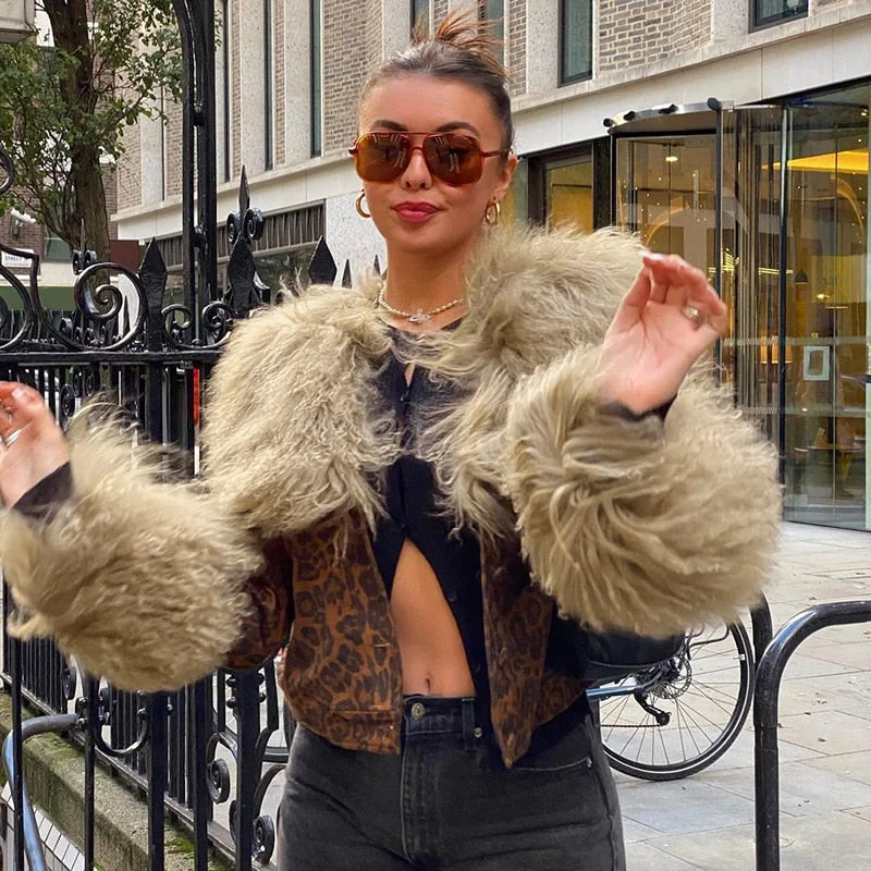 Toloer Toloer Sweetown Fur Trim Leopard Jackets Y2K Coats Women Vintage Grunge High Street Outwear Button Up Elegant Fashion Autumn Jacket 1127-1-Outfit Ideas