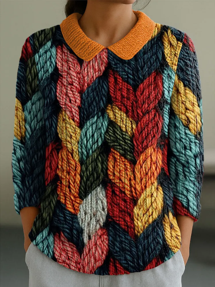 Women's Geometric Color Contrast Splicing Abstract Casual Print Peter Pan Collar 3/4 Sleeve Sweater