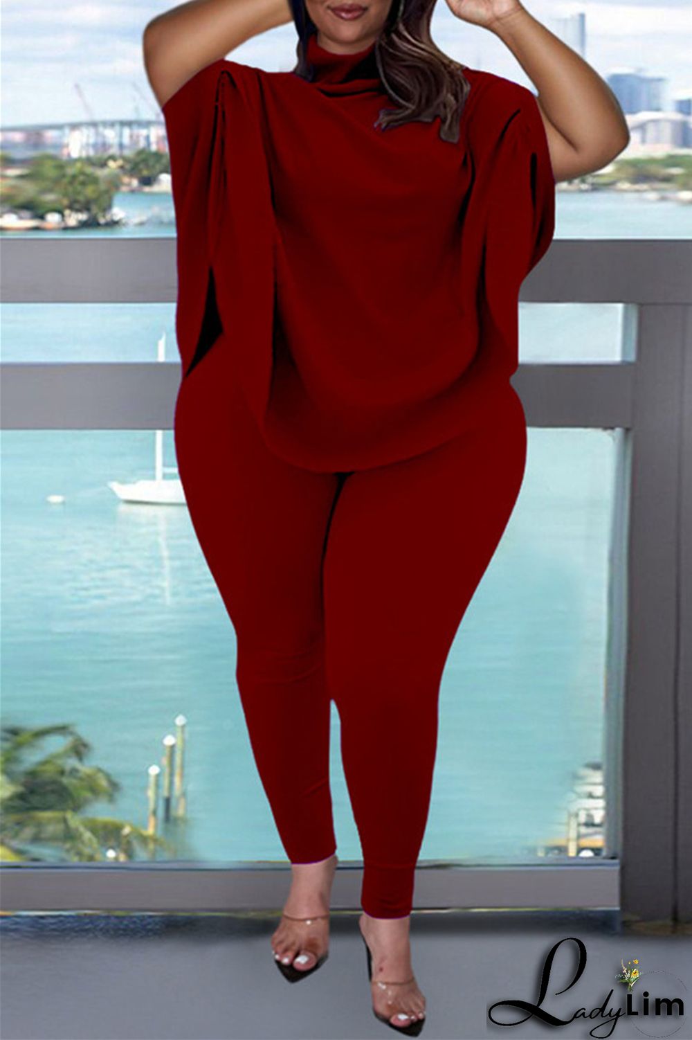 Pink Fashion Casual Solid Basic Turtleneck Short Sleeve Two Pieces