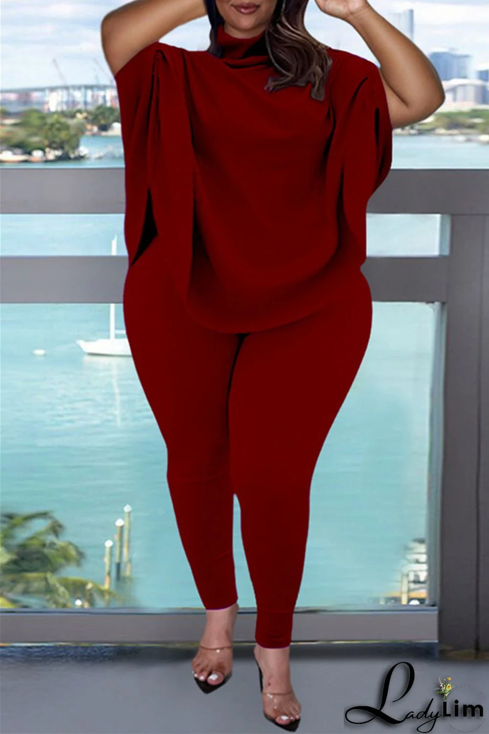 Pink Fashion Casual Solid Basic Turtleneck Short Sleeve Two Pieces