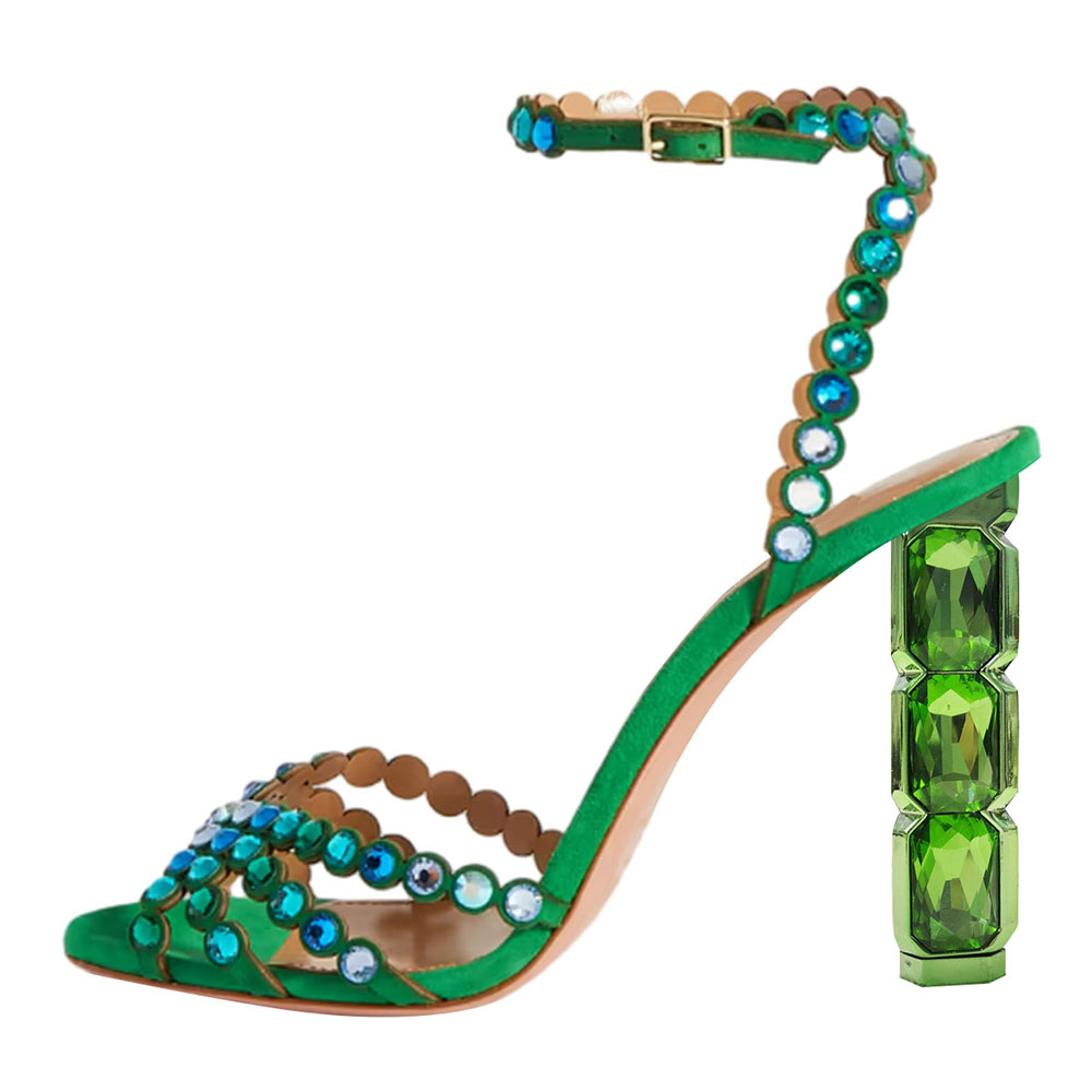 Green Open Toe 4'' Decorative Heel Ankle Strap Sandals Nicepairs