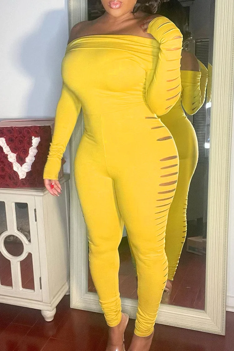 Yellow Fashion Casual Solid Ripped Off the Shoulder Skinny Jumpsuits