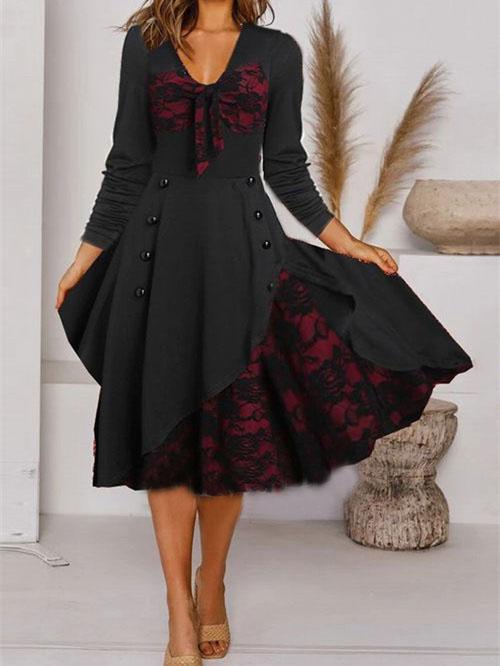 Women's Long Sleeve Square Collar Lace Stitching Midi Dress