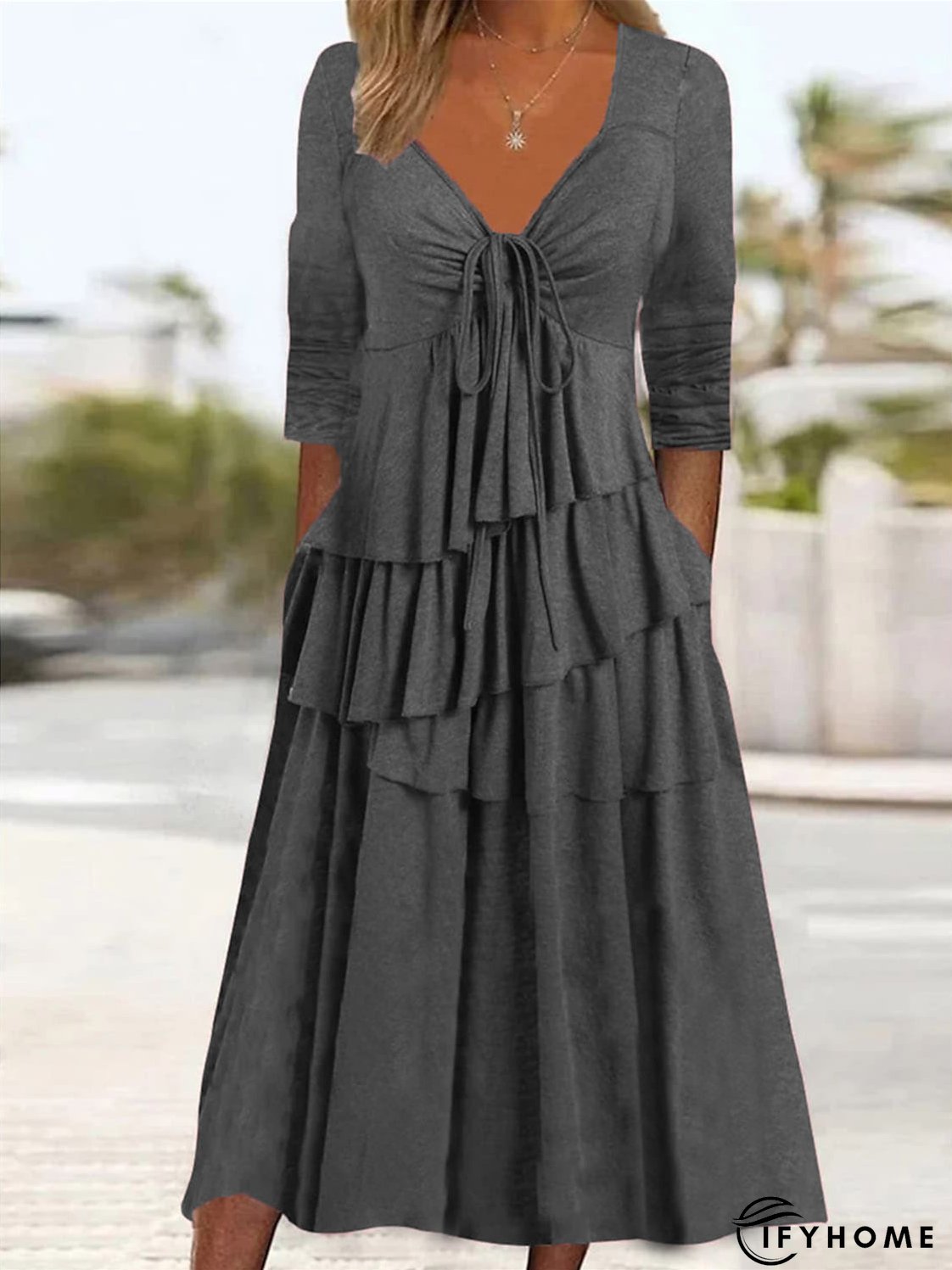 Women's Long Sleeve V-neck Irregular Cake Maxi Dress | IFYHOME