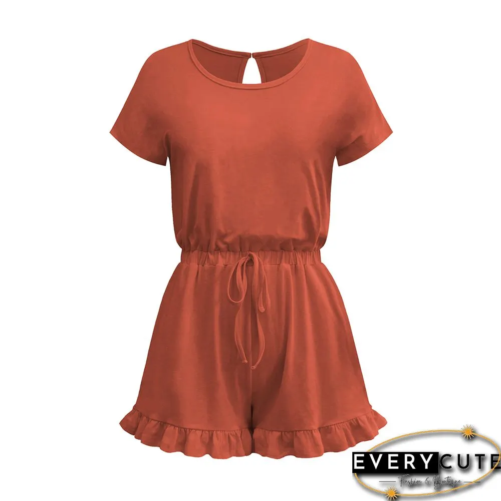 Rust Red Button Ruffle Detail Pocketed Romper