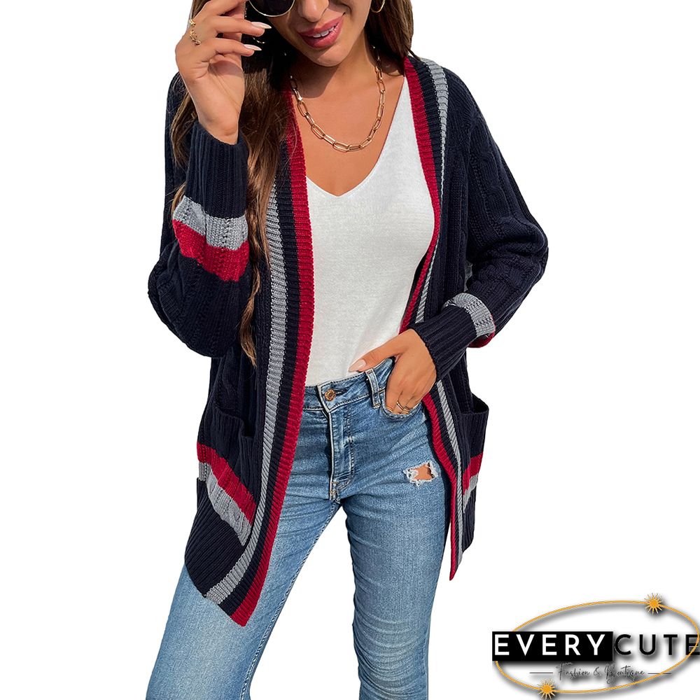 Navy Blue Striped Print Open Front Pocket Cardigan