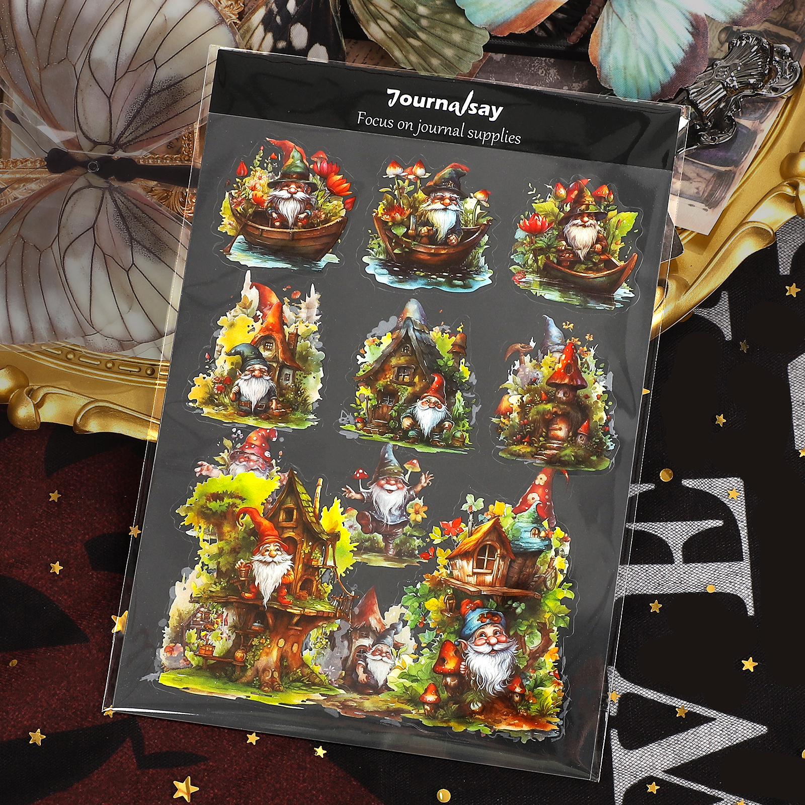 PET Sticker - 2 Sheets Vintage Dwarf Character Plant House Landscape 