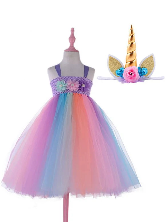 Kids Little Girls Princess Tutu  Dress Rainbow Unicorn Dresses With Headband Carnival Costume Novameme