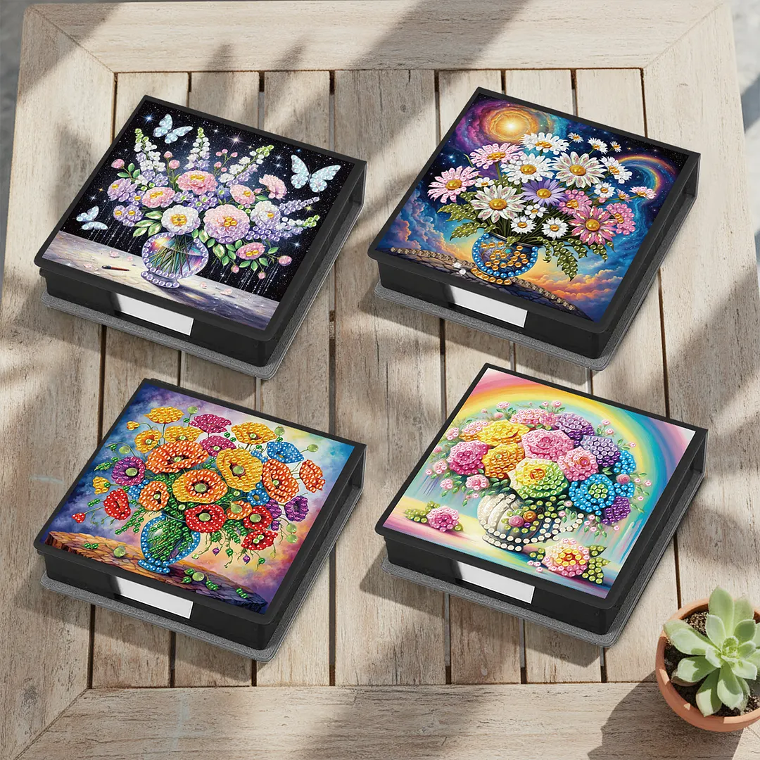 4Pcs Vase 5D DIY PU Diamond Painting Kit Office Note Box with 160 Sheets Paper