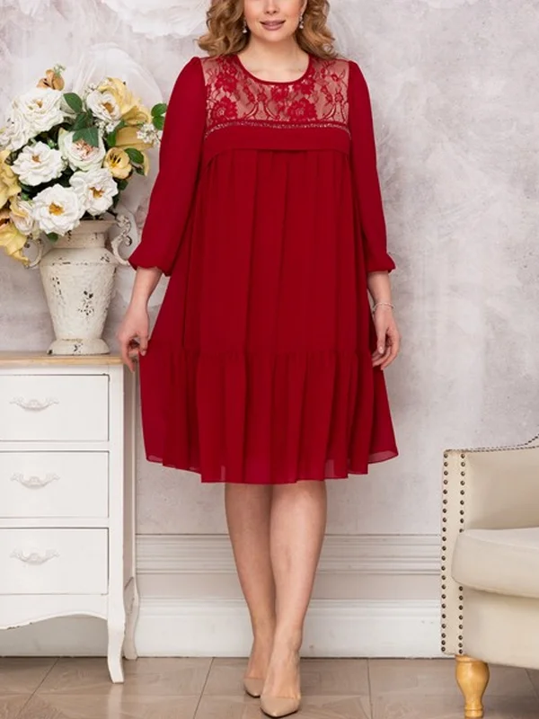 Round neck solid color mesh lace mini dress