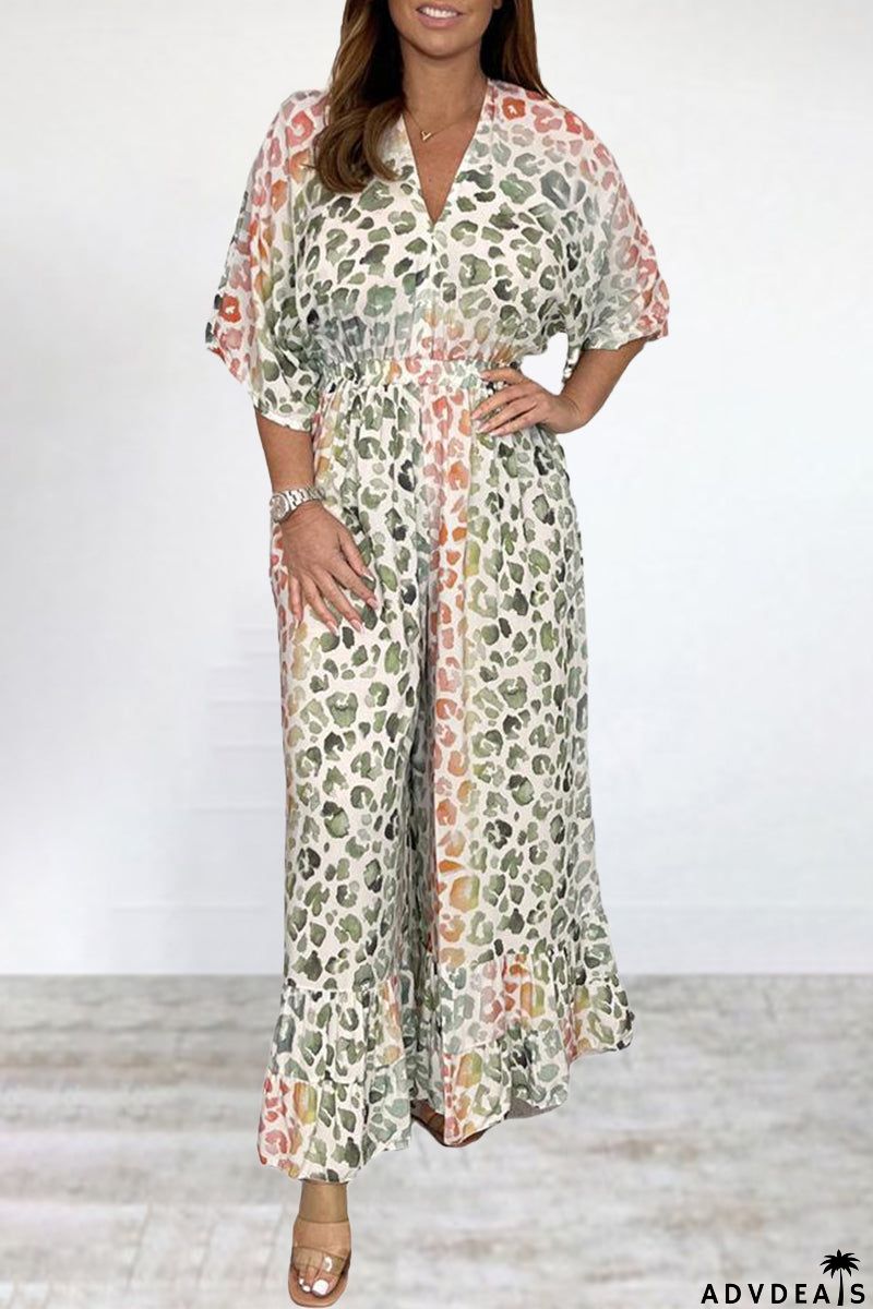 Bohemian College Print Backless V Neck Loose Jumpsuits