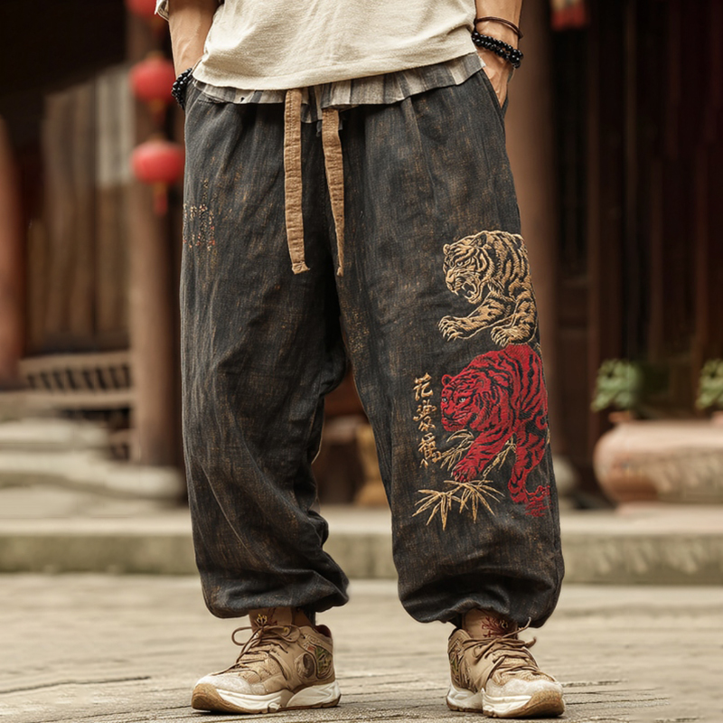 Men's Vintage Japanese Tiger Art Contrast Color Linen Pants  artssus