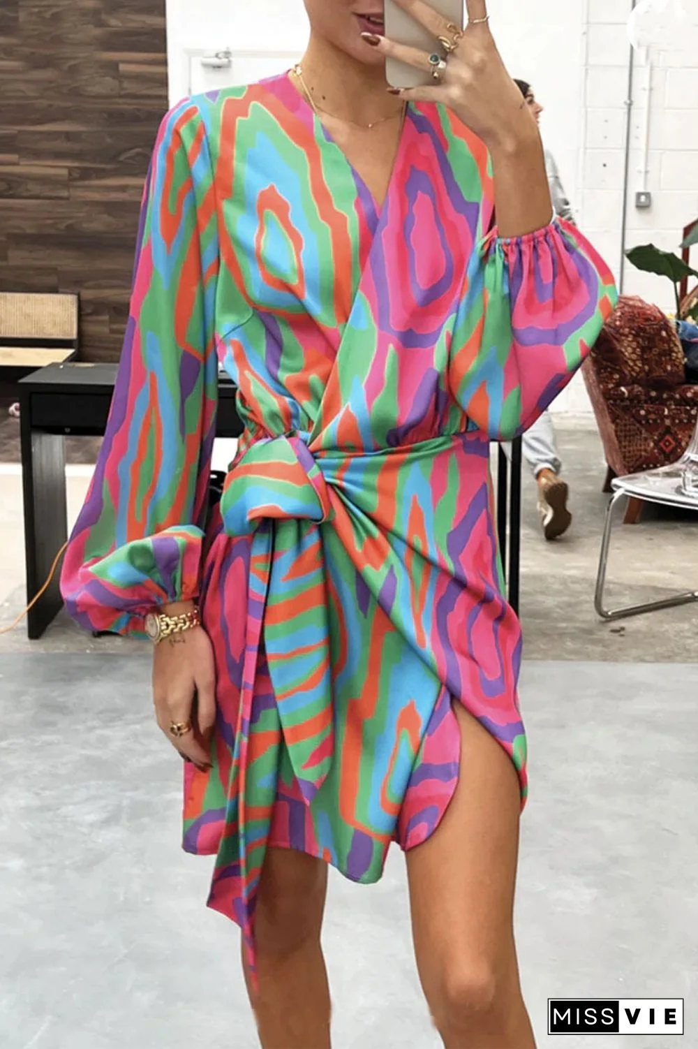 Casual Print Split Joint V Neck Irregular Dress Dresses