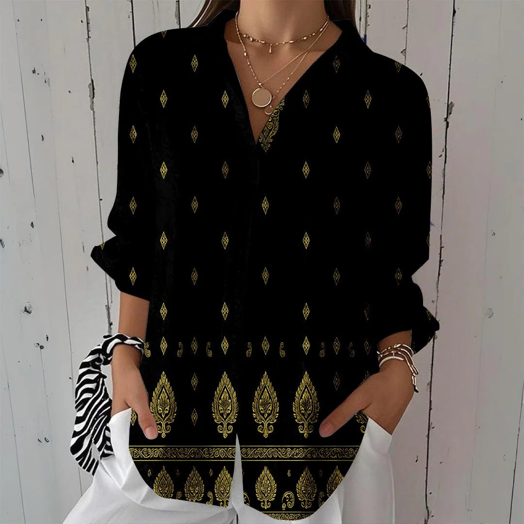 Style & Comfort for Mature Women Women Retro,Black,Gold DZCL0309 3/4 Sleeve Shirt Collar Printed Button Tops