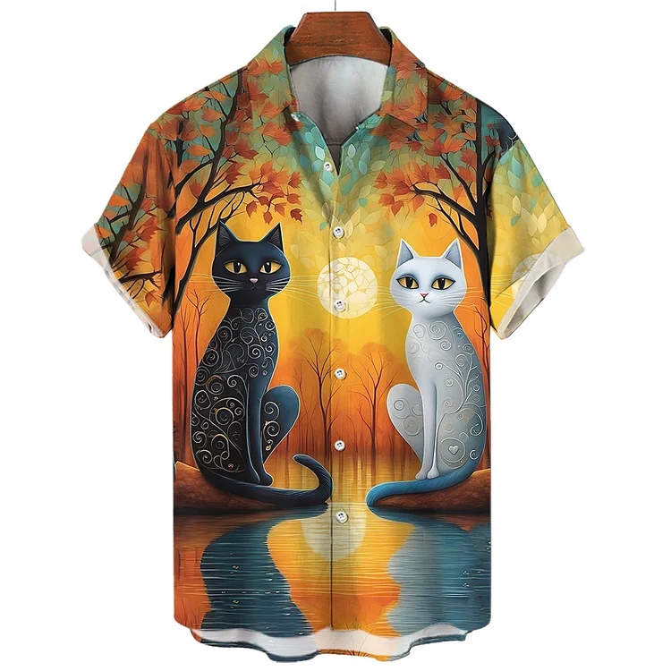 Kakacloud 2025 Men's Hawaiian shirt Cat Print abstract pattern short sleeve Shirts loose oversized Unisex summer beach casual shirt tops
